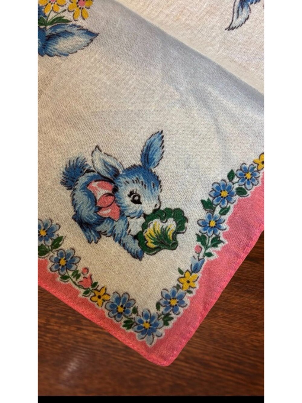 Vintage Kids Handkerchief With Blue Bunny Design & Pink Floral Border - Picture 2 of 5